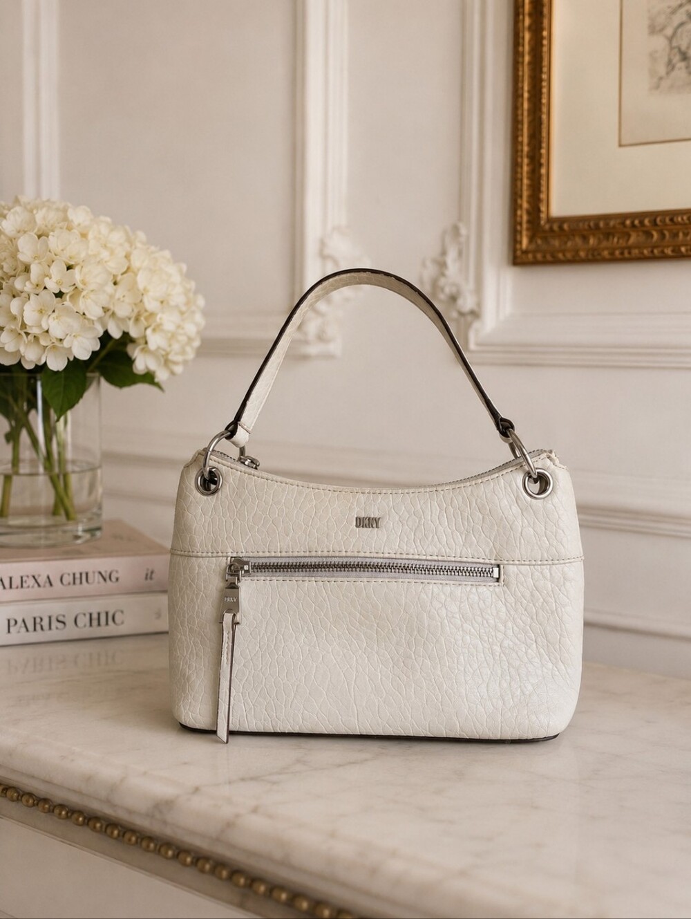 DKNY Ivory Textured Shoulder Bag with Silver Hardware
